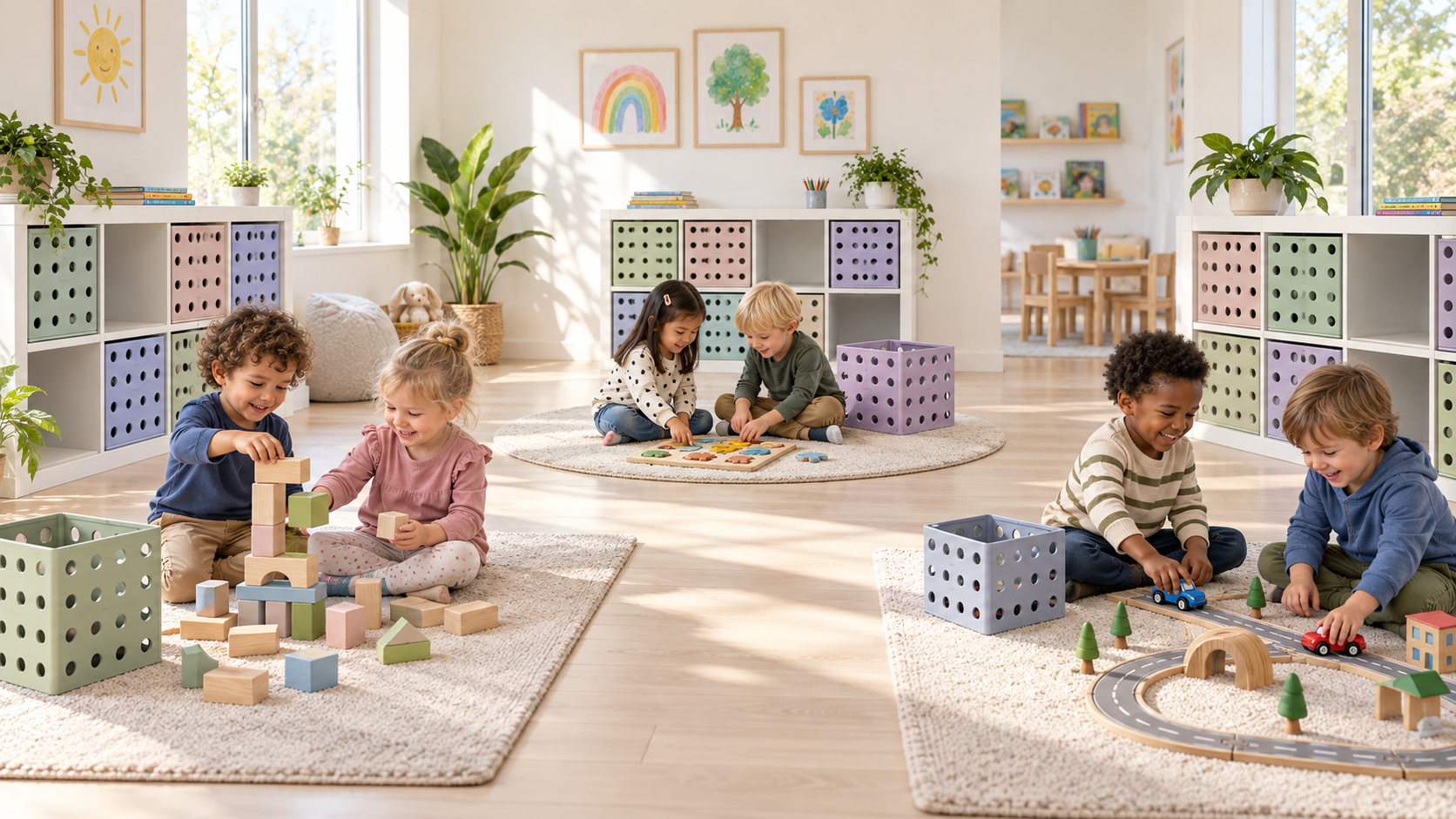 Illustration of a daycare classroom with three Tidy Kids storage stations, where pairs of children play with blocks, a puzzle, and toy cars beside the matching bins.